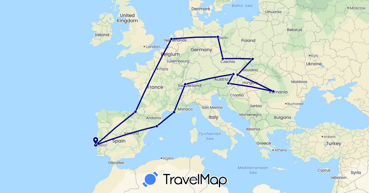 TravelMap itinerary: driving in Austria, Switzerland, Czech Republic, Germany, Spain, France, Netherlands, Poland, Portugal, Romania, Slovakia (Europe)